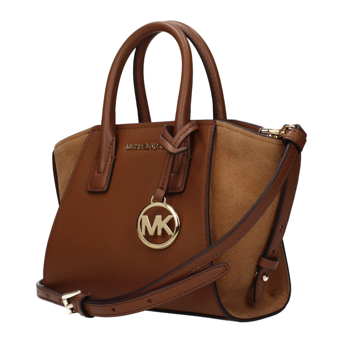 Michael Kors brown leather handbag with gold-tone hardware and adjustable shoulder strap, stylish and spacious for everyday use.