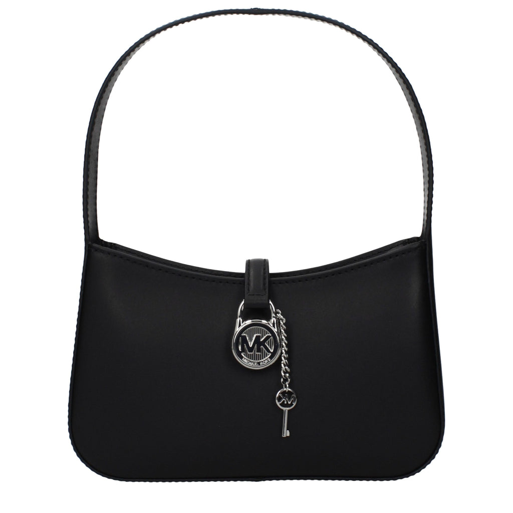 Black leather Michael Kors handbag with gold-tone hardware and structured design, featuring top handles and a sleek, stylish appearance.