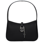 Black leather Michael Kors handbag with gold-tone hardware and structured design, featuring top handles and a sleek, stylish appearance.