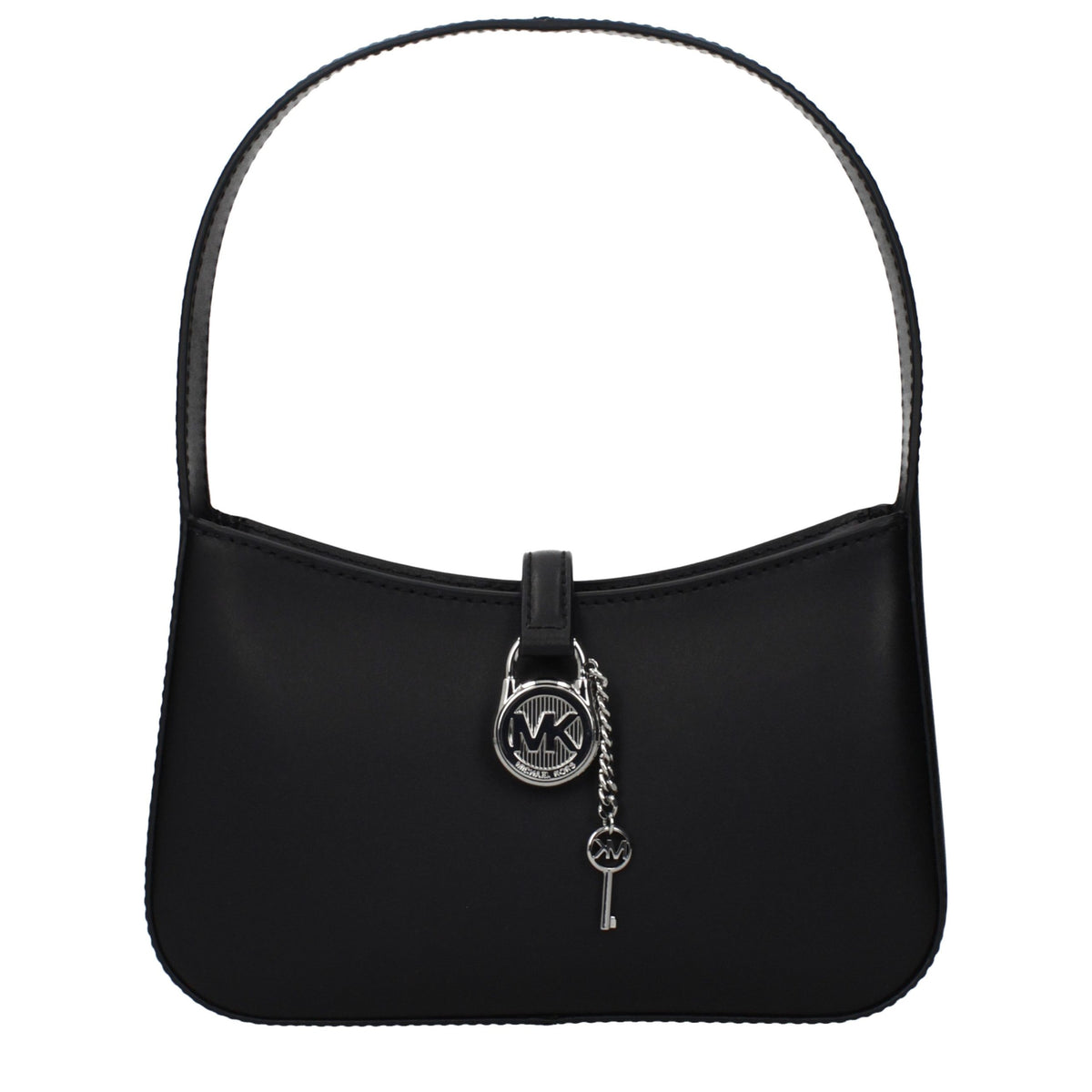 Black leather Michael Kors handbag with gold-tone hardware and structured design, featuring top handles and a sleek, stylish appearance.
