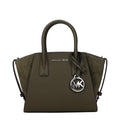 Green leather Michael Kors handbag with structured design and gold-tone hardware, featuring top handles and a spacious interior.