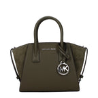 Green leather Michael Kors handbag with structured design and gold-tone hardware, featuring top handles and a spacious interior.