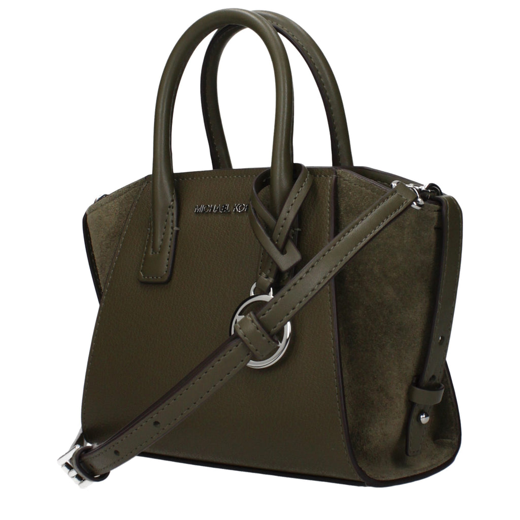 Green leather Michael Kors handbag with gold-tone hardware and structured design, featuring top handles and a sleek finish.