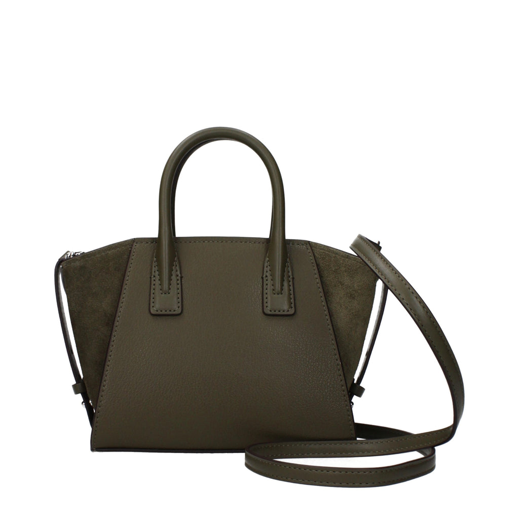 Green leather Michael Kors handbag with gold hardware, featuring structured design and top handles.