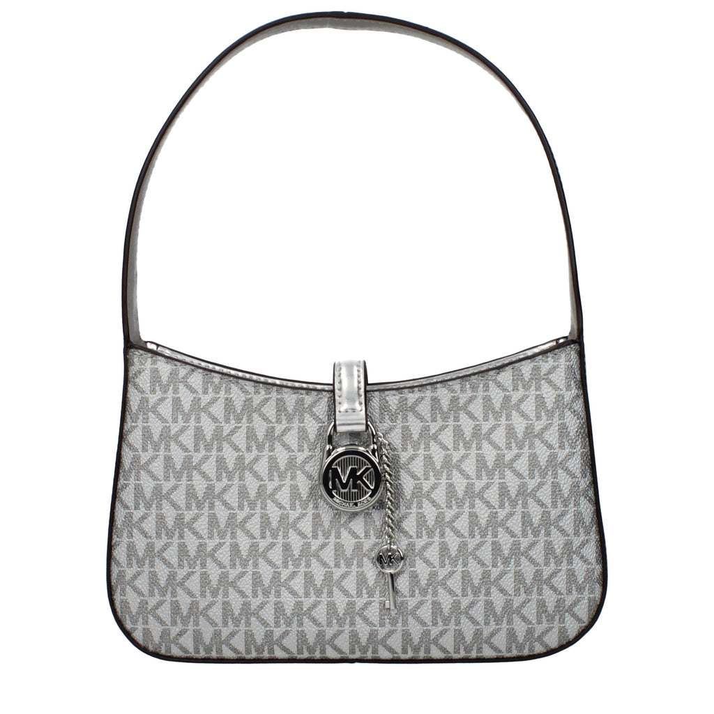Gray Michael Kors fabric handbag with top handles and subtle branding, laid flat on a neutral background.