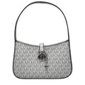 Gray Michael Kors fabric handbag with top handles and subtle branding, laid flat on a neutral background.