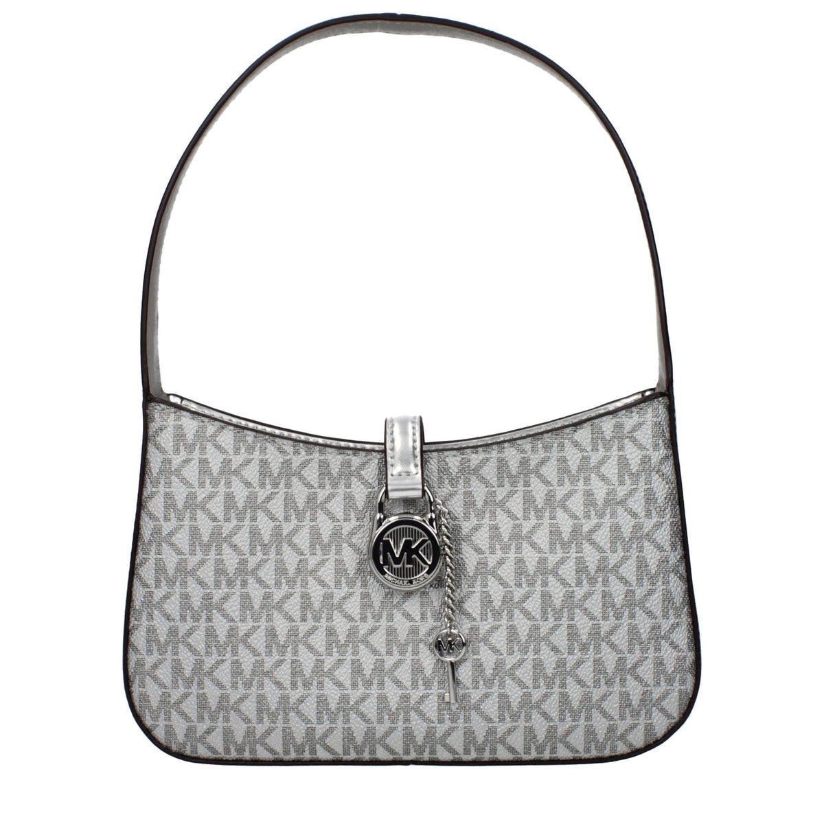 Gray Michael Kors fabric handbag with top handles and subtle branding, laid flat on a neutral background.