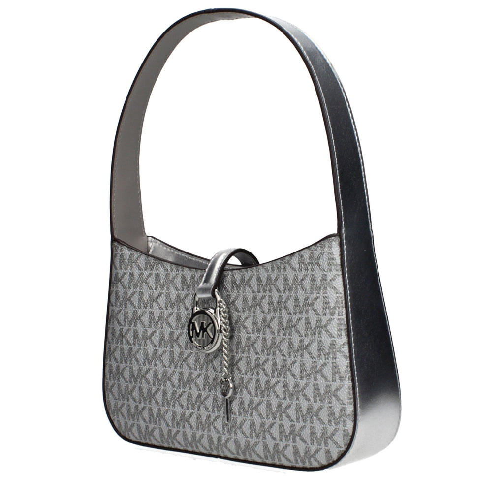 Gray fabric Michael Kors handbag with structured design and top handles, featuring subtle branding details.