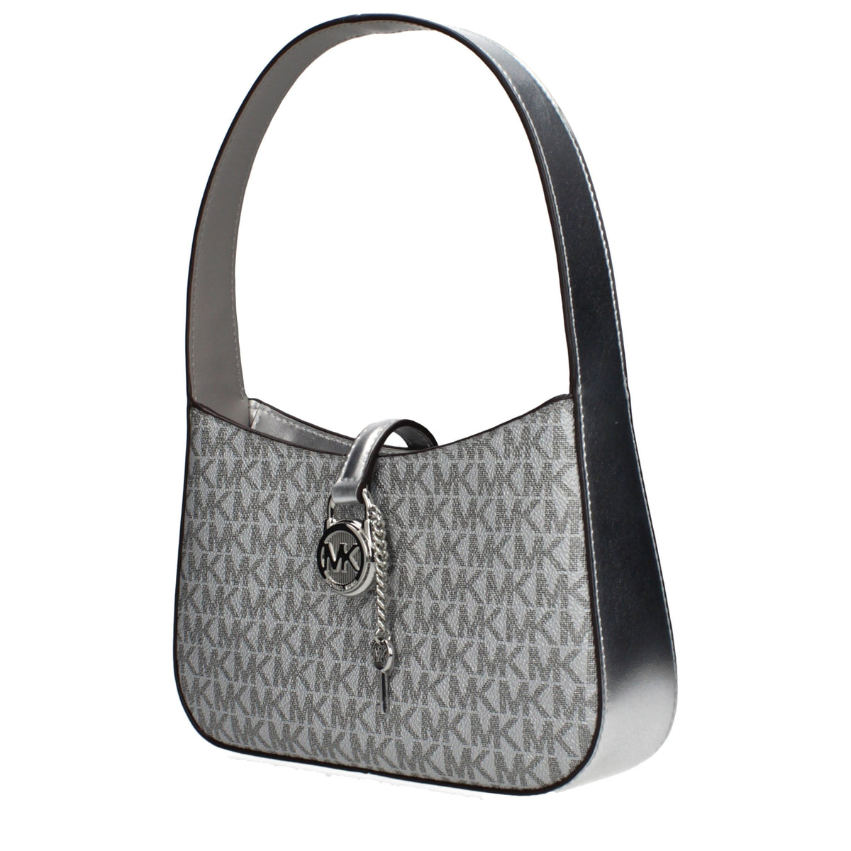 Gray fabric Michael Kors handbag with structured design and top handles, featuring subtle branding details.