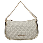 Michael Kors gold fabric handbag with structured design and gold-tone hardware, featuring a top handle and sleek finish.
