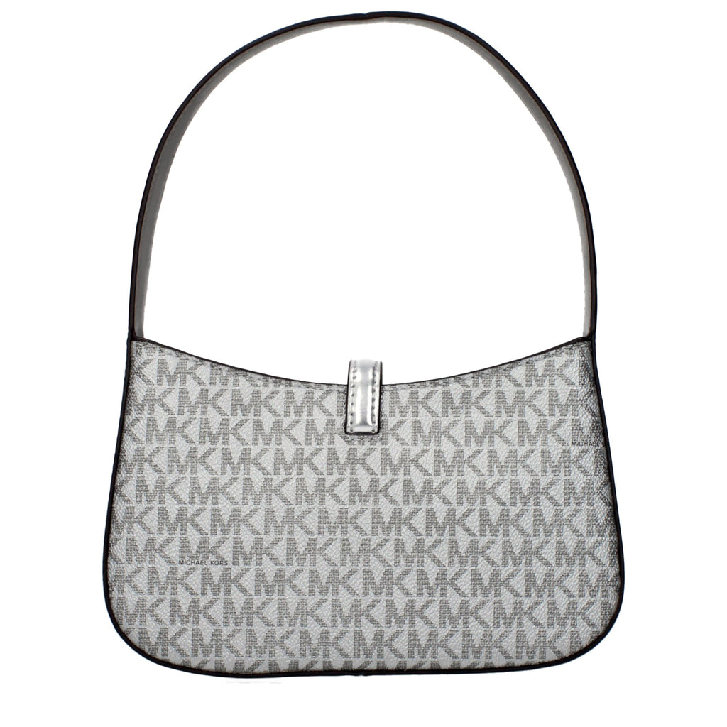 Gray fabric Michael Kors handbag with structured design and top handles, featuring subtle branding and elegant stitching.