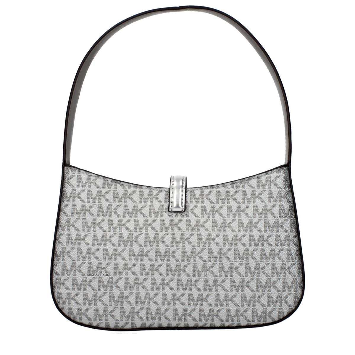 Gray fabric Michael Kors handbag with structured design and top handles, featuring subtle branding and elegant stitching.