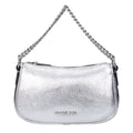 Gray leather Michael Kors handbag with structured design and top handles, featuring subtle branding and elegant style.