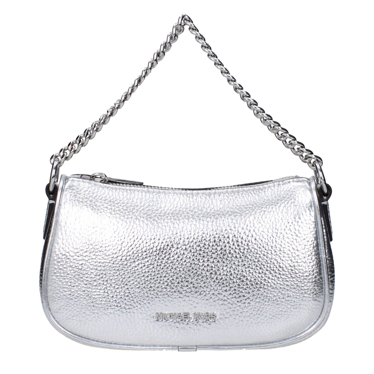 Gray leather Michael Kors handbag with structured design and top handles, featuring subtle branding and elegant style.