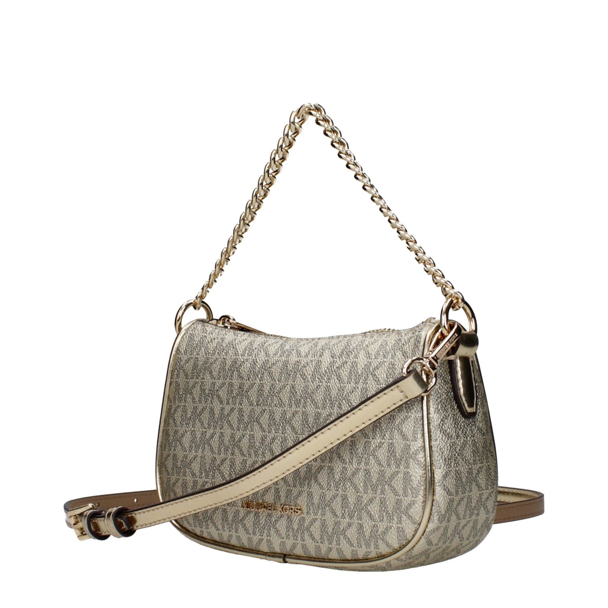 Michael Kors gold fabric handbag with sleek design and shoulder strap, featuring subtle branding and elegant texture.