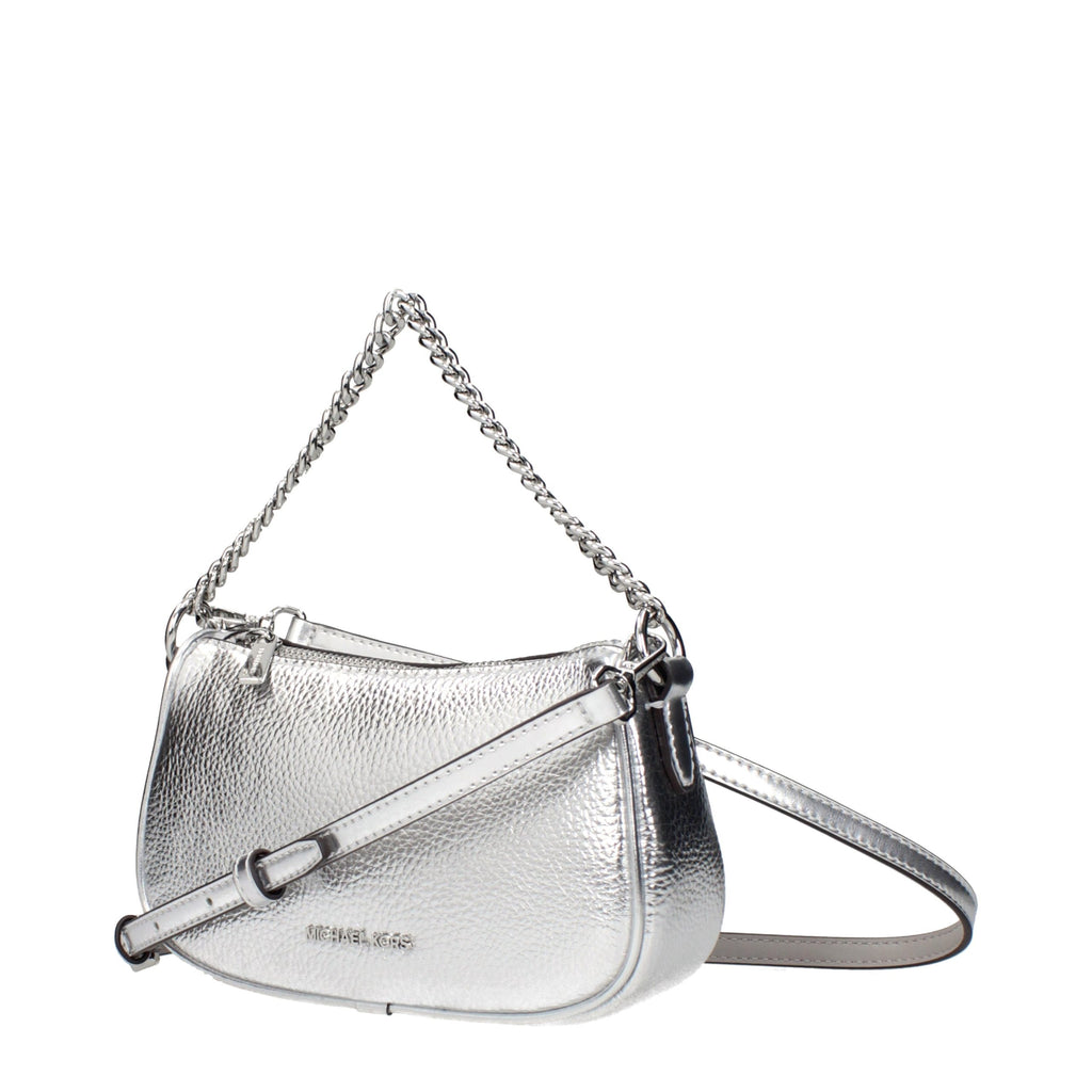 Gray leather Michael Kors handbag with top handles and gold-tone hardware, showcasing a chic and structured design.