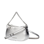 Gray leather Michael Kors handbag with top handles and gold-tone hardware, showcasing a chic and structured design.