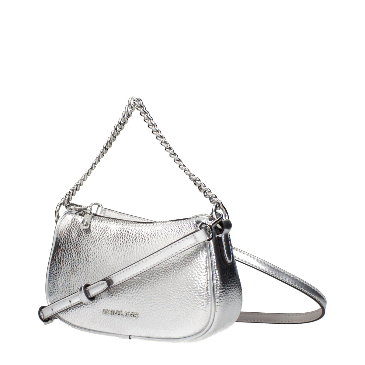 Gray leather Michael Kors handbag with top handles and gold-tone hardware, showcasing a chic and structured design.