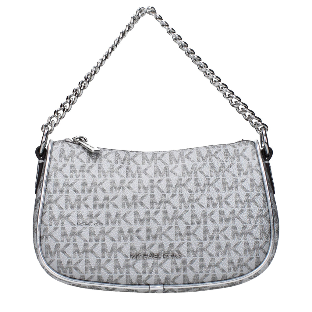 Gray fabric Michael Kors handbag with structured design and top handles, featuring subtle branding and elegant stitching details.