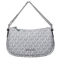 Gray fabric Michael Kors handbag with structured design and top handles, featuring subtle branding and elegant stitching details.