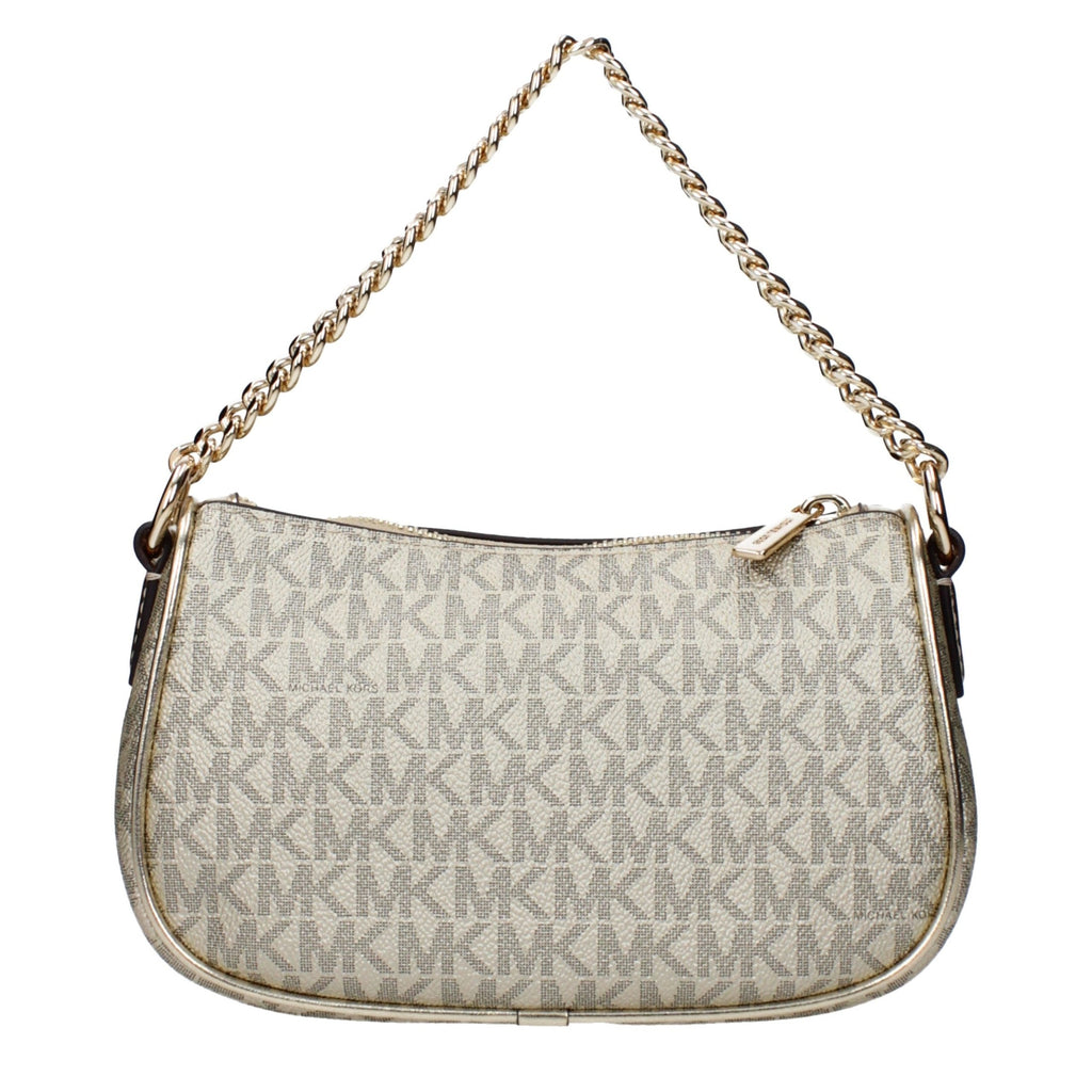 Michael Kors gold fabric handbag with sleek design and gold-tone hardware, featuring a spacious interior and stylish handles.