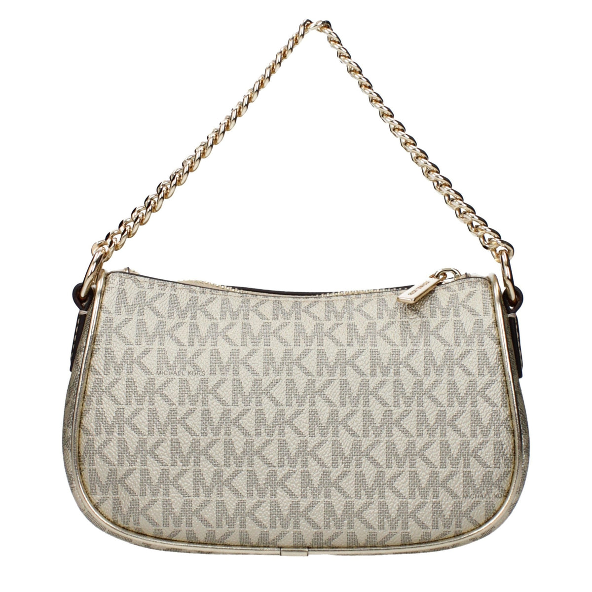 Michael Kors gold fabric handbag with sleek design and gold-tone hardware, featuring a spacious interior and stylish handles.