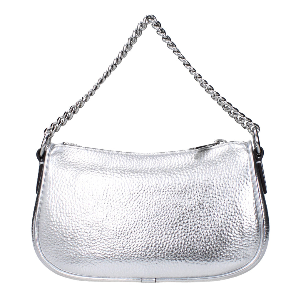 Gray leather Michael Kors handbag with structured design and top handles, featuring subtle branding and silver-tone hardware.