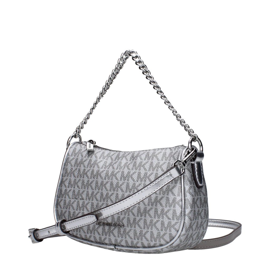 Gray fabric Michael Kors handbag with dual handles and subtle logo detail, perfect for casual or elegant occasions.