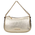 Michael Kors gold leather handbag with structured design and gold hardware, featuring top handles and a sleek, elegant look.