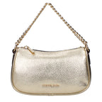 Michael Kors gold leather handbag with structured design and gold hardware, featuring top handles and a sleek, elegant look.
