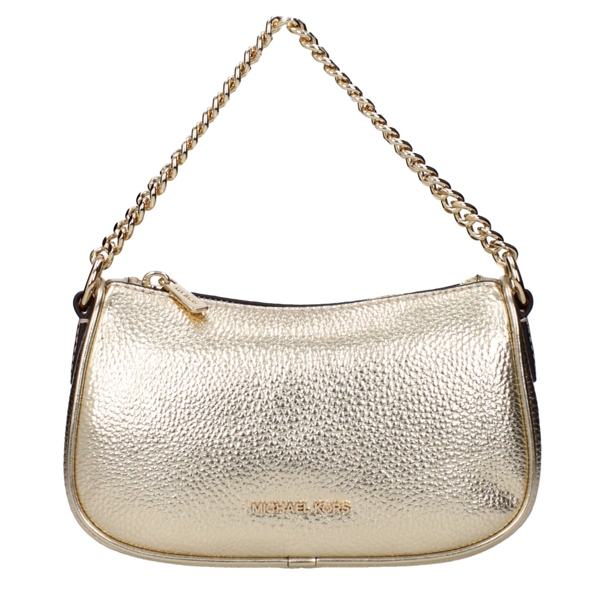 Michael Kors gold leather handbag with structured design and gold hardware, featuring top handles and a sleek, elegant look.