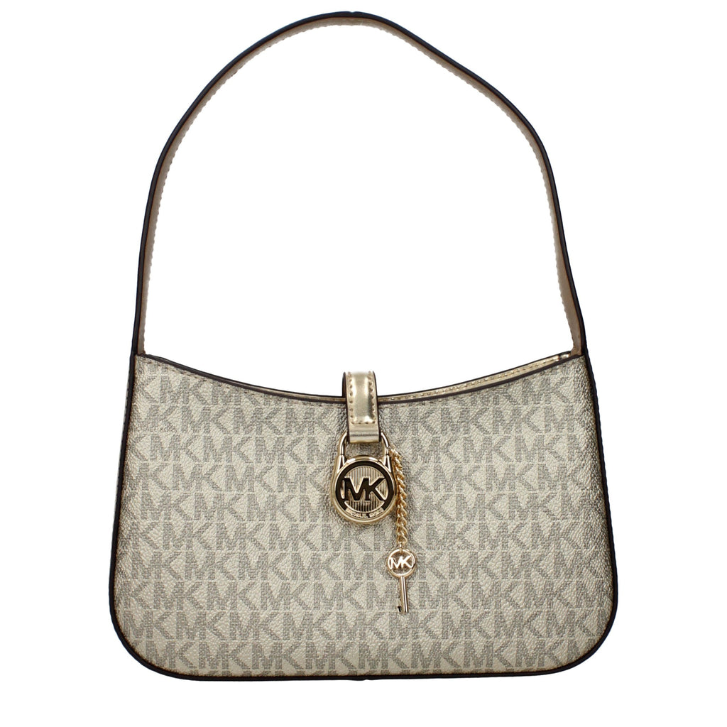 Michael Kors gold fabric handbag with structured design and top handles, showcasing elegant style and craftsmanship.