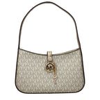 Michael Kors gold fabric handbag with structured design and top handles, showcasing elegant style and craftsmanship.