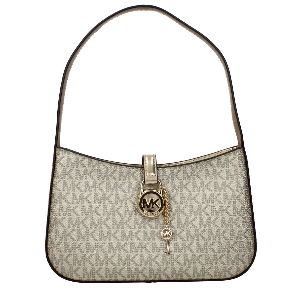 Michael Kors gold fabric handbag with structured design and top handles, showcasing elegant style and craftsmanship.