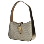 Michael Kors gold fabric handbag with top handles and gold accents, featuring a sleek, elegant design.