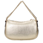 Michael Kors gold leather handbag with gold-tone hardware and structured design, featuring top handles and a spacious interior.