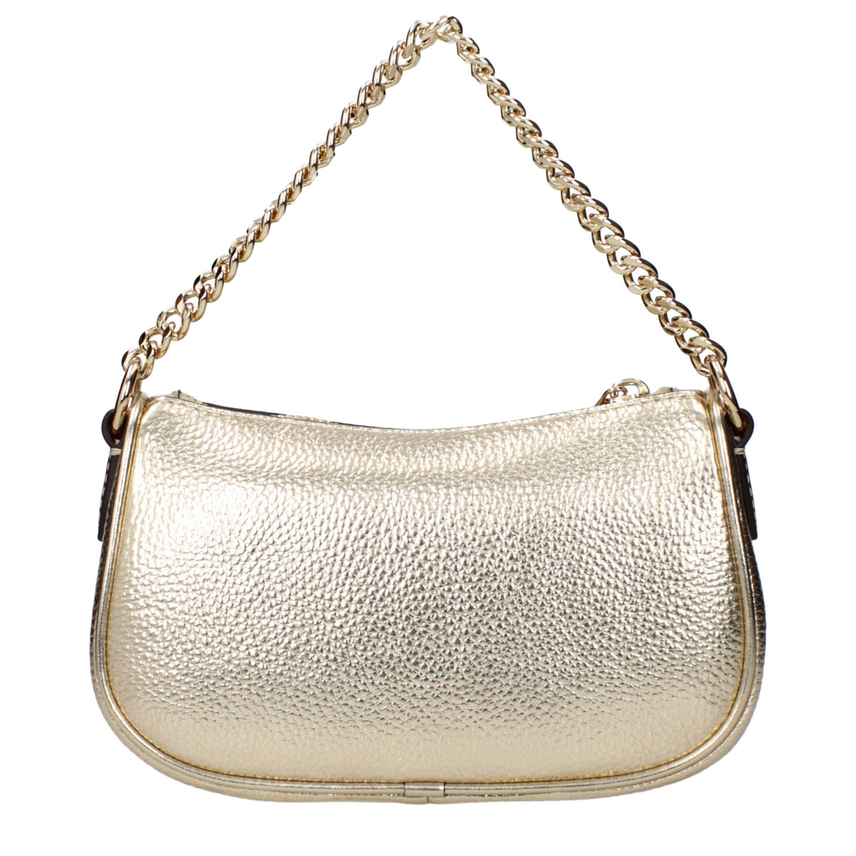 Michael Kors gold leather handbag with gold-tone hardware and structured design, featuring top handles and a spacious interior.