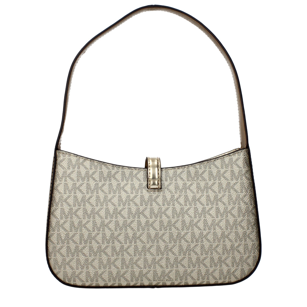 Michael Kors gold fabric handbag with gold hardware and adjustable strap, stylish accessory for women.