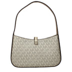 Michael Kors gold fabric handbag with gold hardware and adjustable strap, stylish accessory for women.