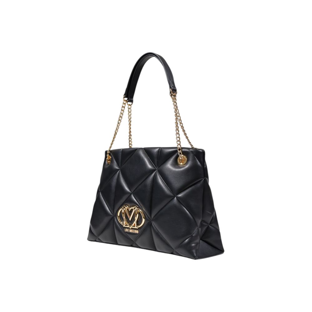 Love Moschino black polyethylene handbag with gold-tone hardware and logo detail, featuring a structured design and top handle.