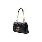Love Moschino black polyethylene handbag with gold-tone hardware and structured design, featuring top handles and logo detail.