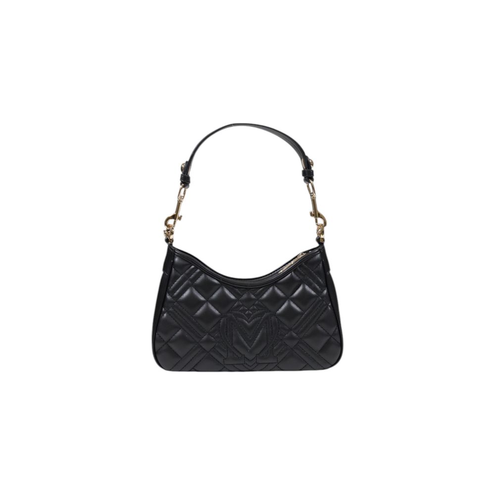 Black polyethylene Love Moschino handbag with silver hardware, featuring a structured design and top handles for stylish carrying.