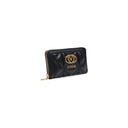 Love Moschino black polyethylene wallet with gold-tone logo accents and multiple card slots, slim and stylish accessory.