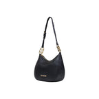 Black polyethylene Love Moschino handbag with bold logo and structured design, featuring top handles and modern style.