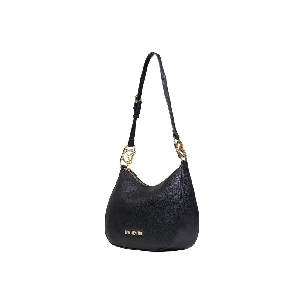 Black polyethylene Love Moschino handbag with bold logo and structured design, featuring top handles and modern style.