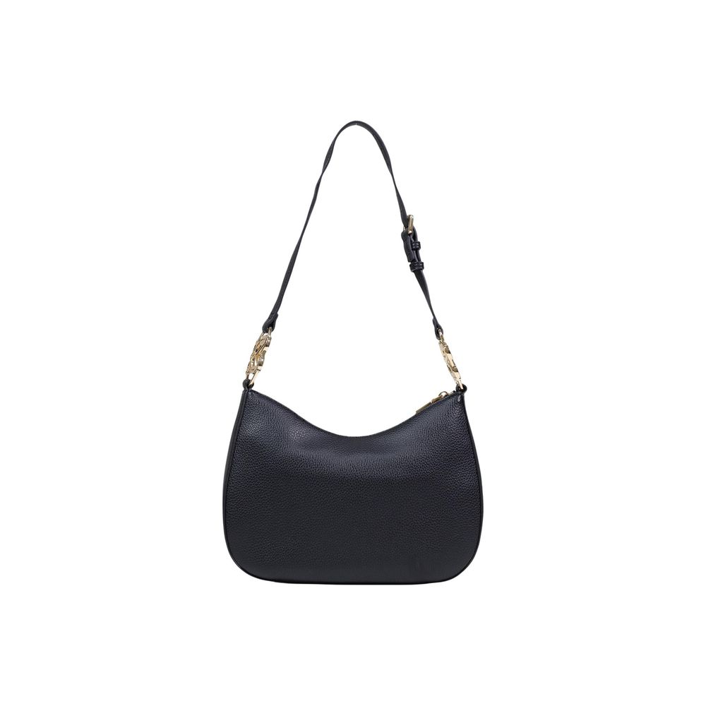 Black polyethylene Love Moschino handbag with gold hardware and structured design, featuring a top handle and logo detailing.