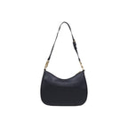Black polyethylene Love Moschino handbag with gold hardware and structured design, featuring a top handle and logo detailing.