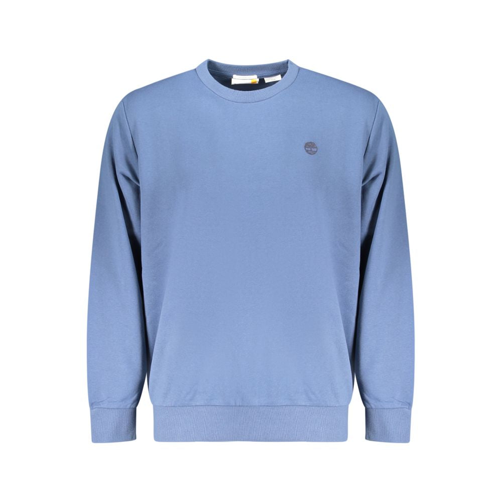 Timberland blue cotton men's sweatshirt displayed on a hanger, showcasing a casual and comfortable fit with a classic design.