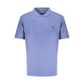 Timberland blue cotton men's polo shirt displayed on a hanger, featuring a collar and button placket for casual style.