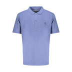 Timberland blue cotton men's polo shirt displayed on a hanger, featuring a collar and button placket for casual style.